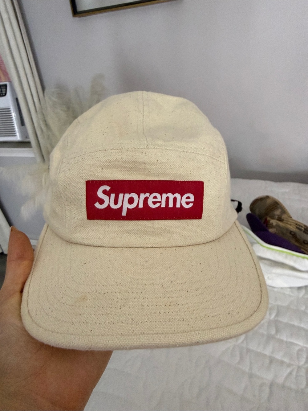 Supreme Red Box Logo Ivory Canvas 5-Panel Cap